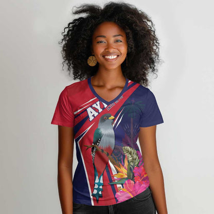 Haiti Personalized Women V-Neck T-Shirt Hispaniolan Trogon Tropical Vibes