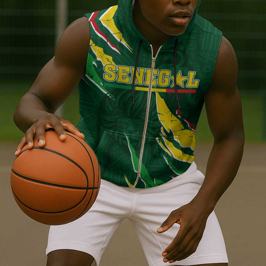 Custom Senegal Football Sleeveless Zip Hoodie Nations Cup 2024 Téranga Lions - African Pride