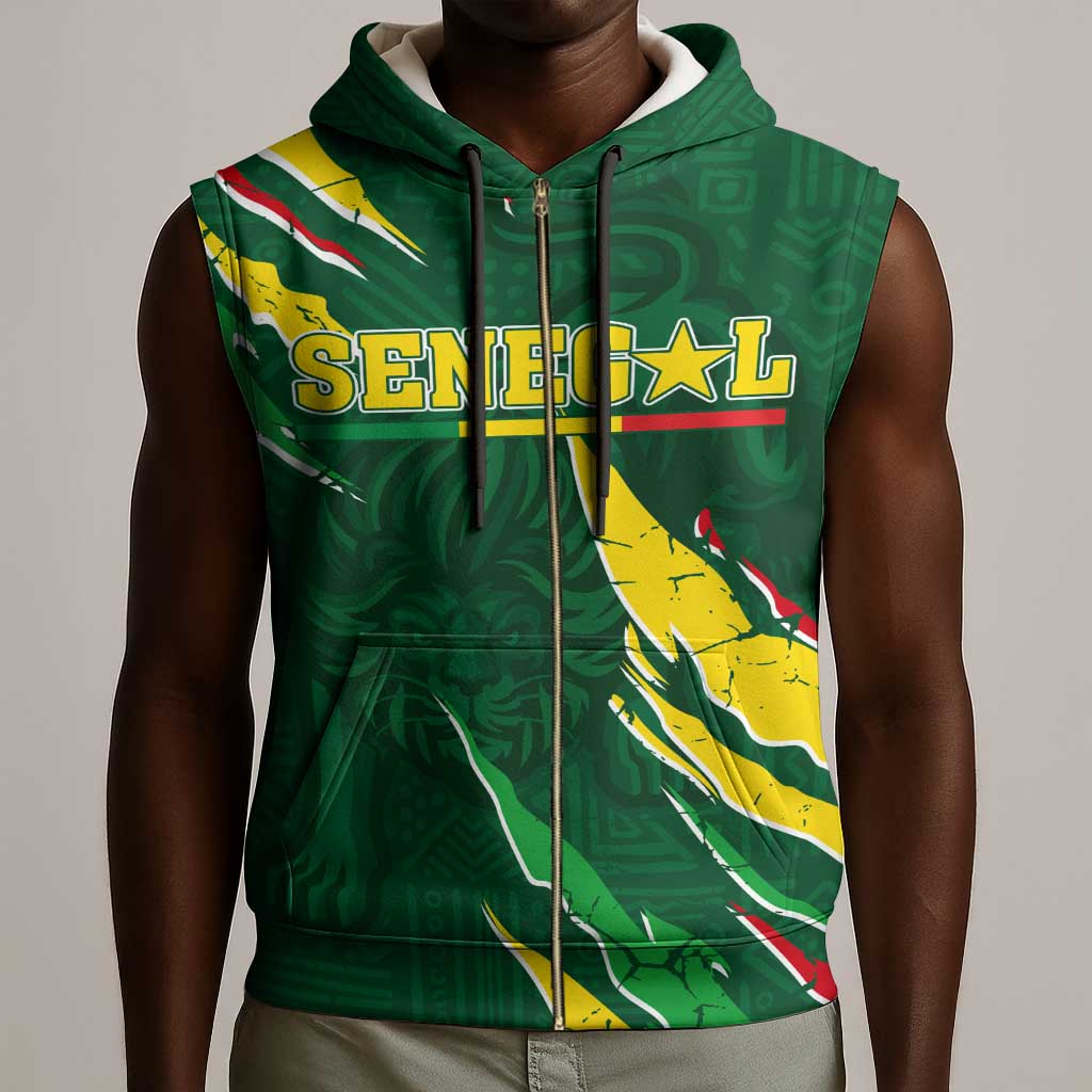 Custom Senegal Football Sleeveless Zip Hoodie Nations Cup 2024 Téranga Lions - African Pride