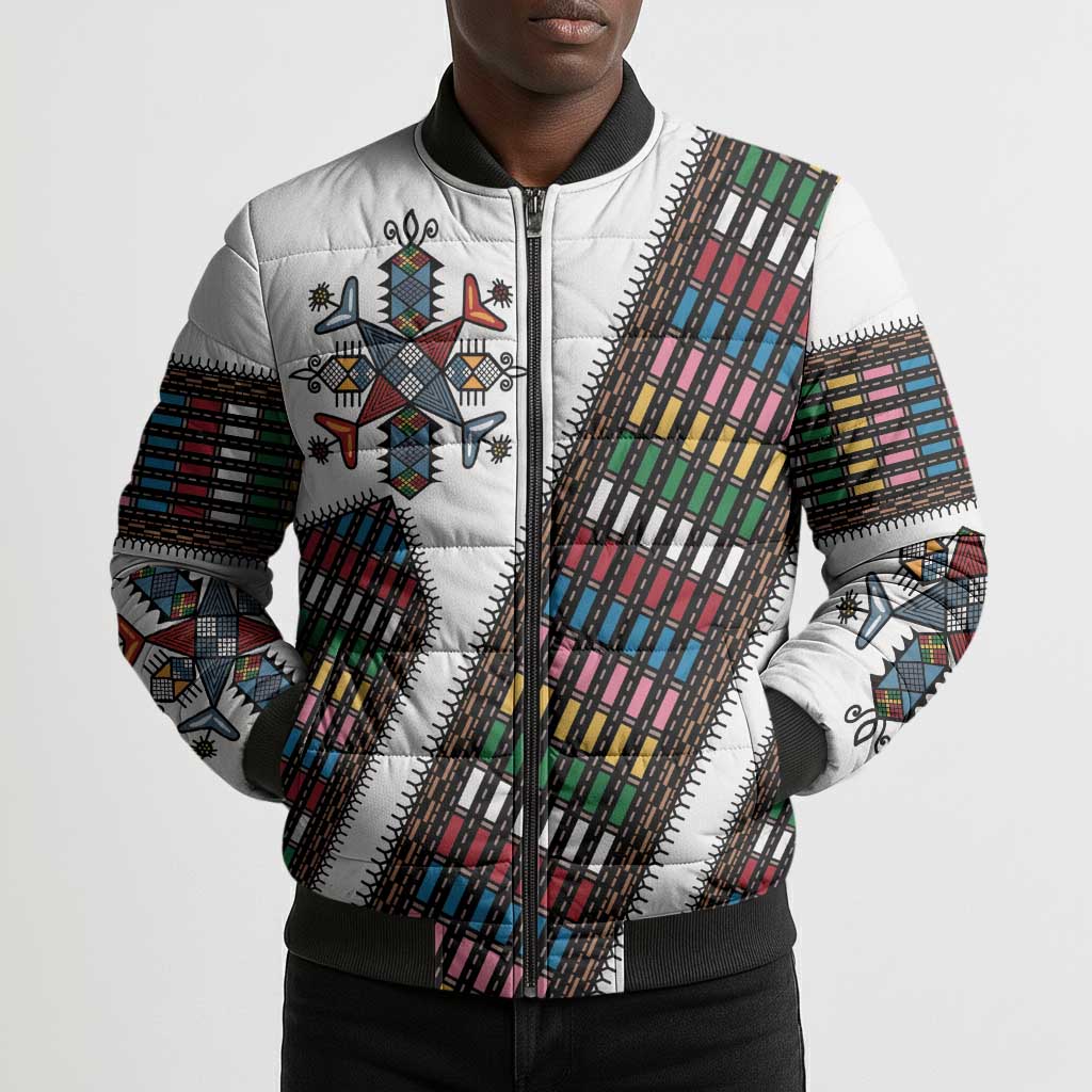 Habesha Kemis Inspired Tilet Pattern Bomber Puffer Jacket White