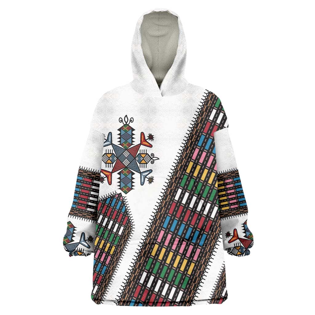 Habesha Kemis Inspired Tilet Pattern Kid Wearable Blanket Hoodie White