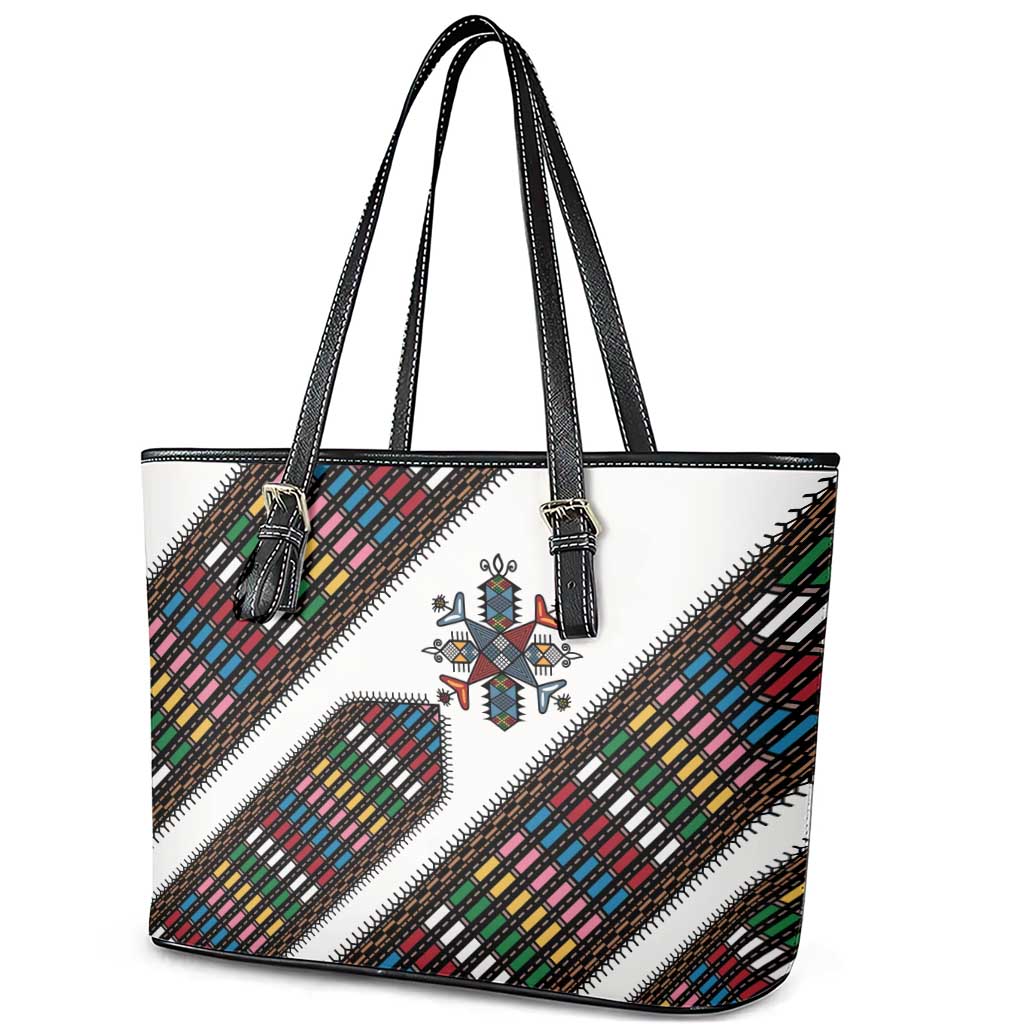 Habesha Kemis Inspired Tilet Pattern Leather Tote Bag White