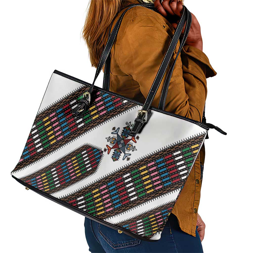 Habesha Kemis Inspired Tilet Pattern Leather Tote Bag White