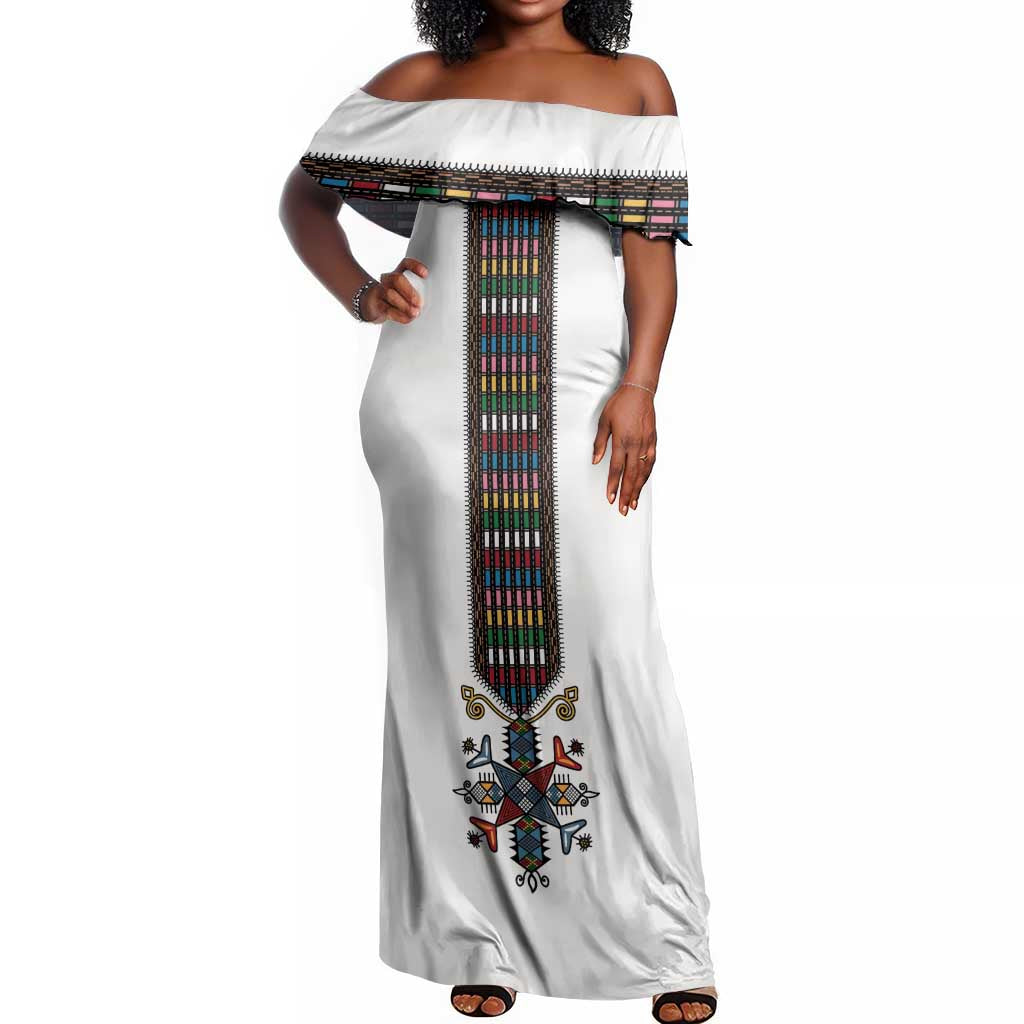 Habesha Kemis Inspired Tilet Pattern Off Shoulder Maxi Dress White