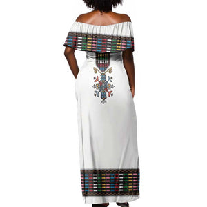 Habesha Kemis Inspired Tilet Pattern Off Shoulder Maxi Dress White