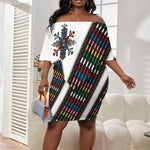 Habesha Kemis Inspired Tilet Pattern Off Shoulder Short Dress White