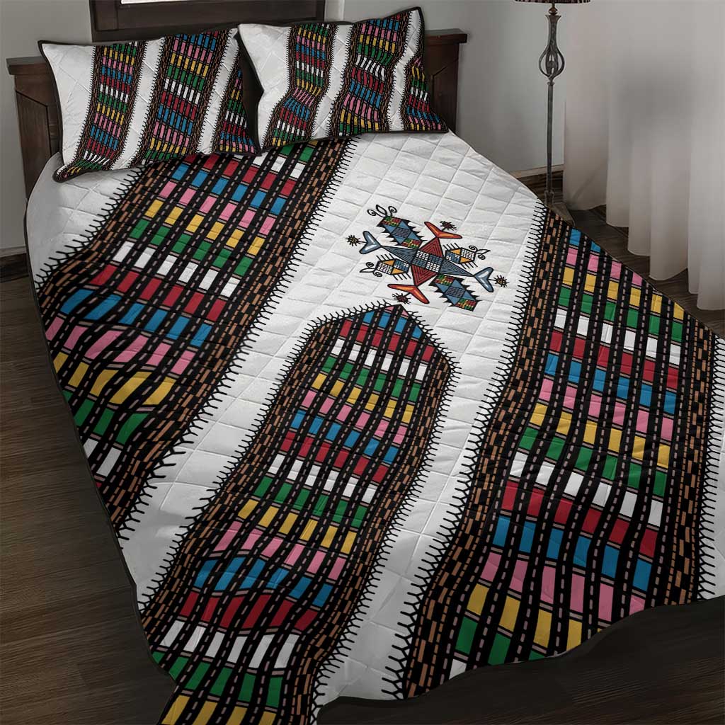 Habesha Kemis Inspired Tilet Pattern Quilt Bed Set White
