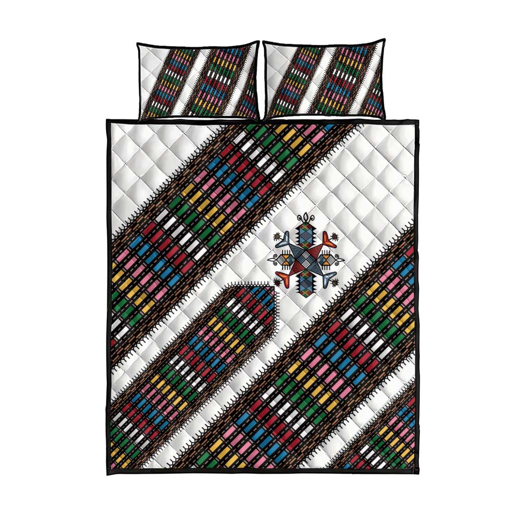 Habesha Kemis Inspired Tilet Pattern Quilt Bed Set White