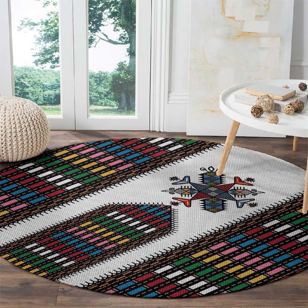 Habesha Kemis Inspired Tilet Pattern Round Carpet White