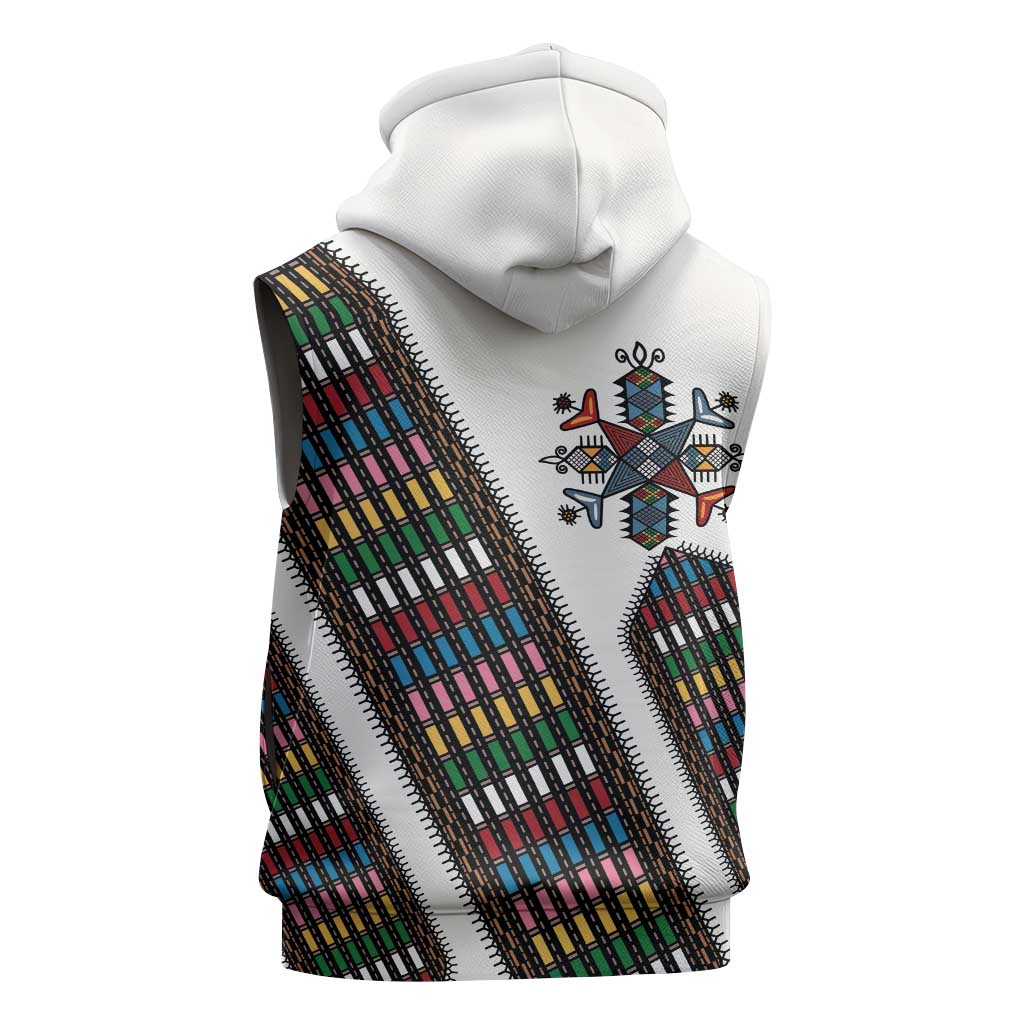 Habesha Kemis Inspired Tilet Pattern Sleeveless Zip Hoodie White