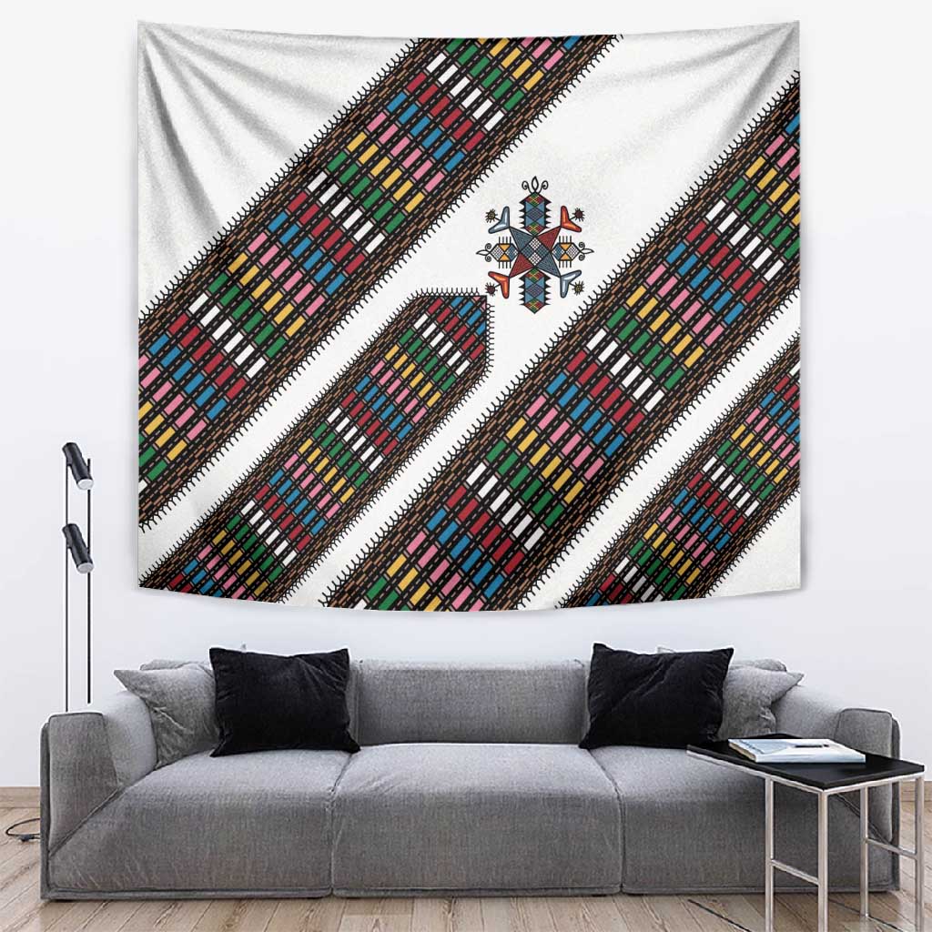 Habesha Kemis Inspired Tilet Pattern Tapestry White