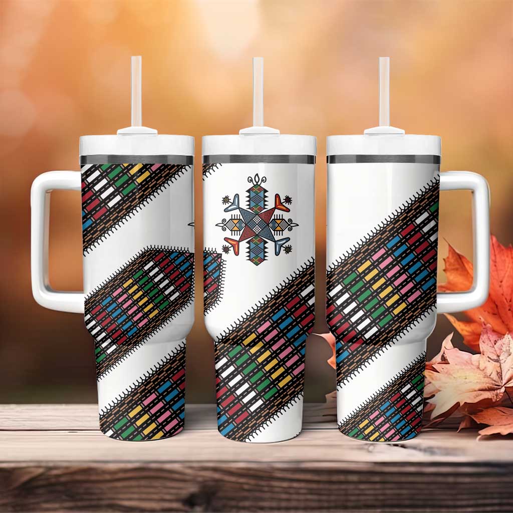 Habesha Kemis Inspired Tilet Pattern Tumbler With Handle White