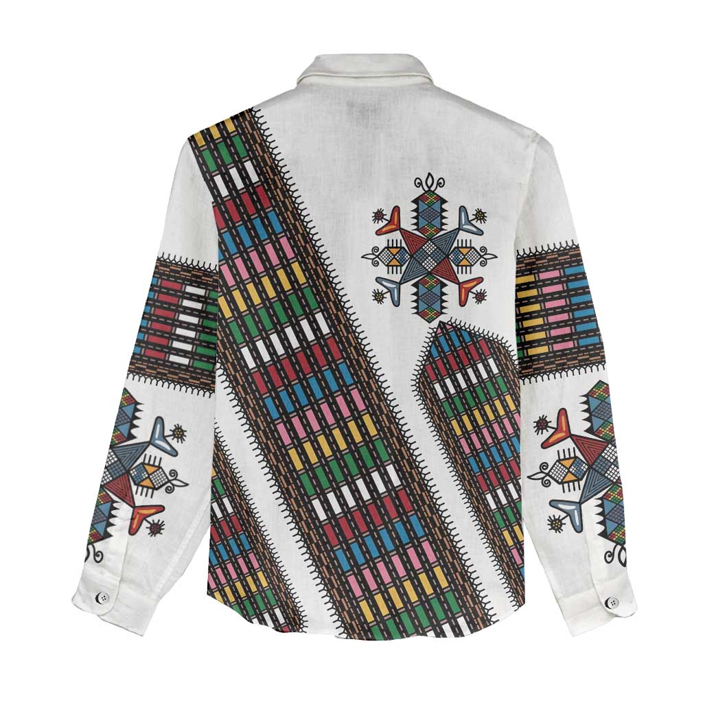 Habesha Kemis Inspired Tilet Pattern Women Casual Shirt White