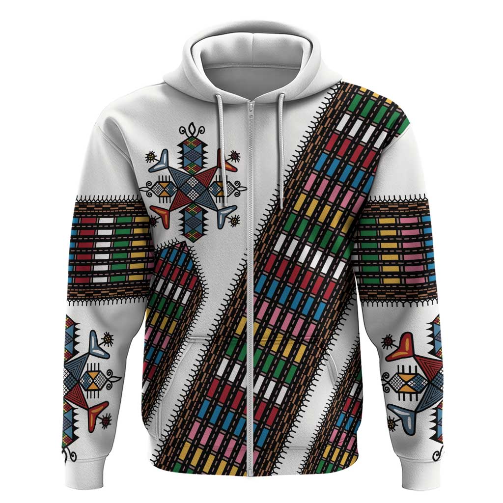 Habesha Kemis Inspired Tilet Pattern Zip Hoodie White