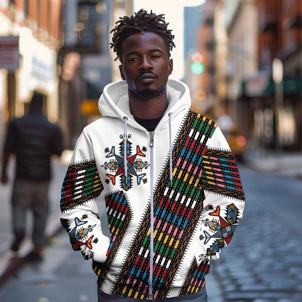 Habesha Kemis Inspired Tilet Pattern Zip Hoodie White