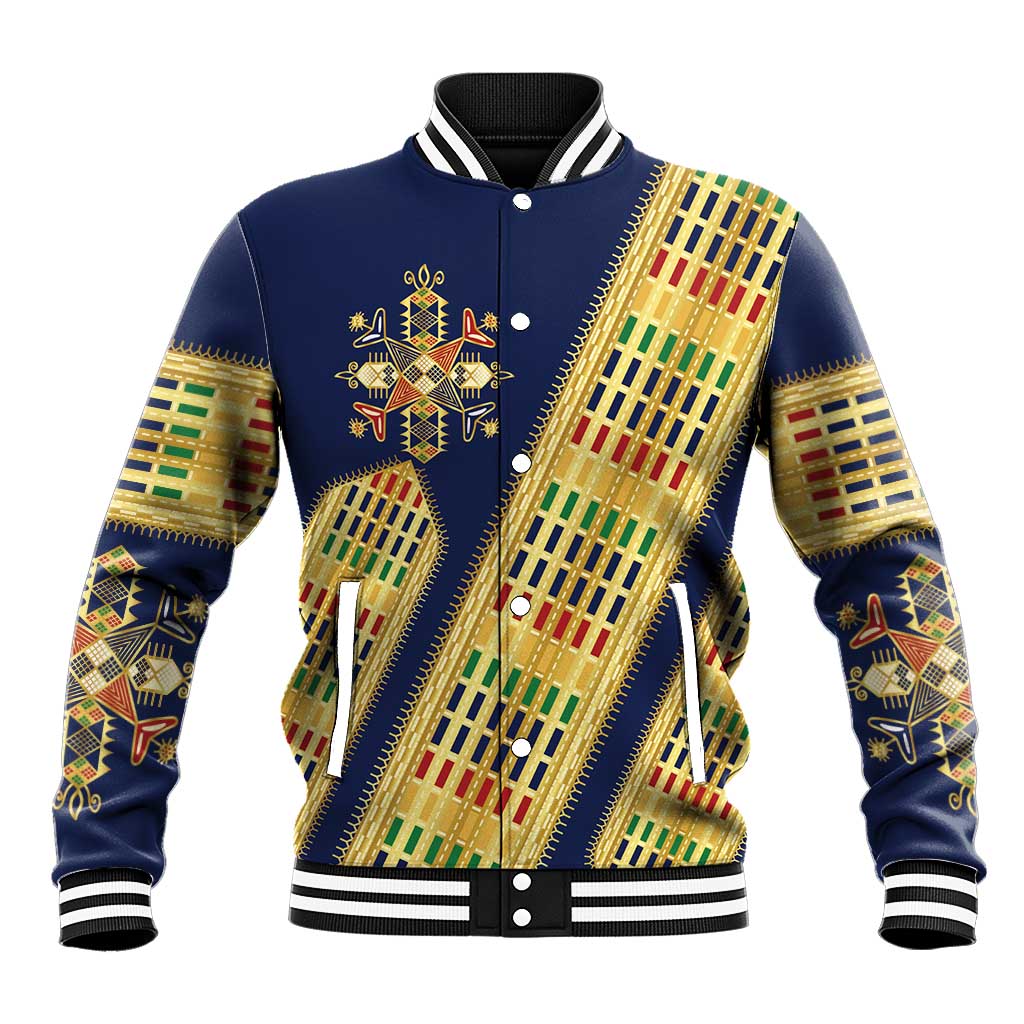 Habesha Kemis Inspired Tilet Pattern Baseball Jacket Royal Blue - Gold