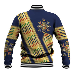 Habesha Kemis Inspired Tilet Pattern Baseball Jacket Royal Blue - Gold