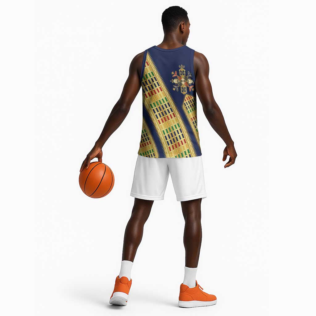 Habesha Kemis Inspired Tilet Pattern Basketball Jersey Royal Blue - Gold