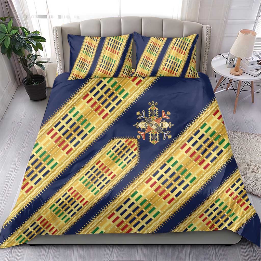 Habesha Kemis Inspired Tilet Pattern Bedding Set Royal Blue - Gold