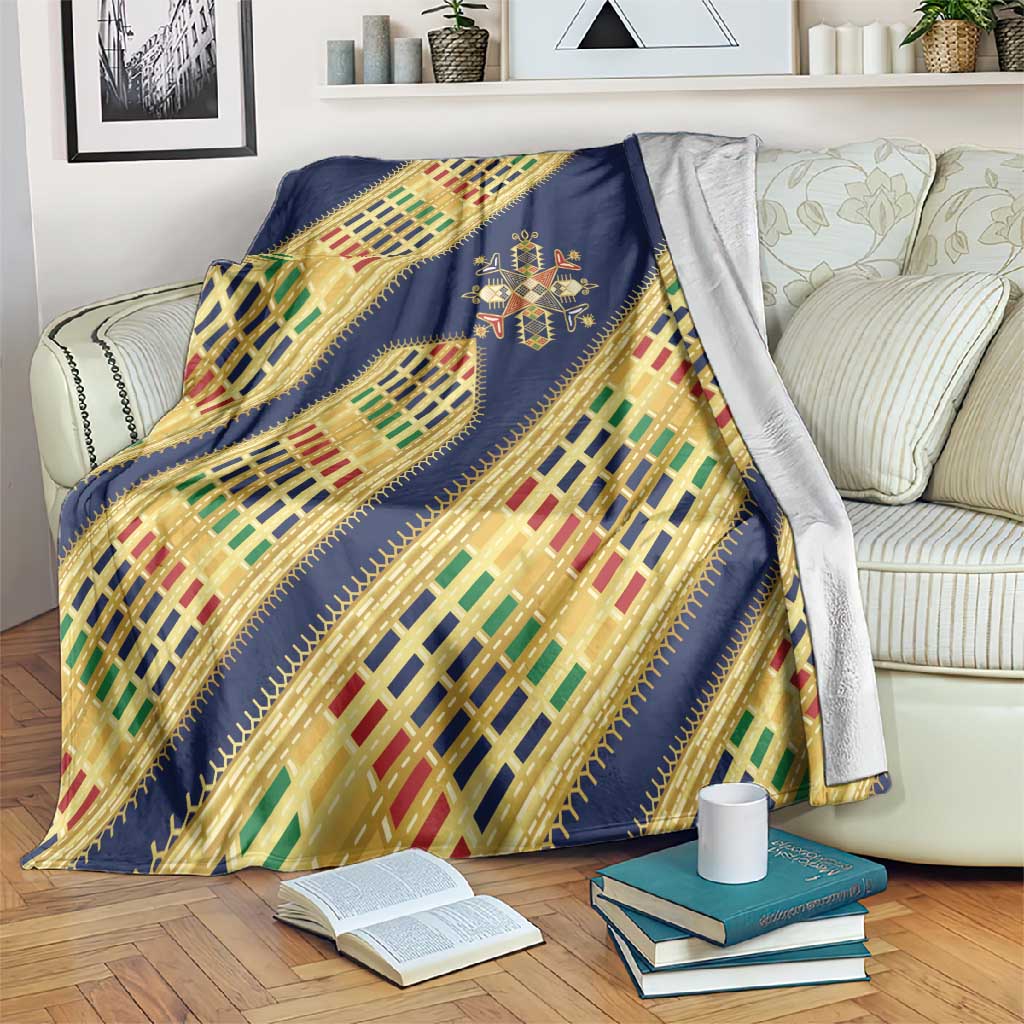Habesha Kemis Inspired Tilet Pattern Blanket Royal Blue - Gold