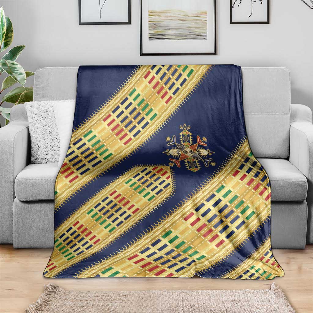Habesha Kemis Inspired Tilet Pattern Blanket Royal Blue - Gold