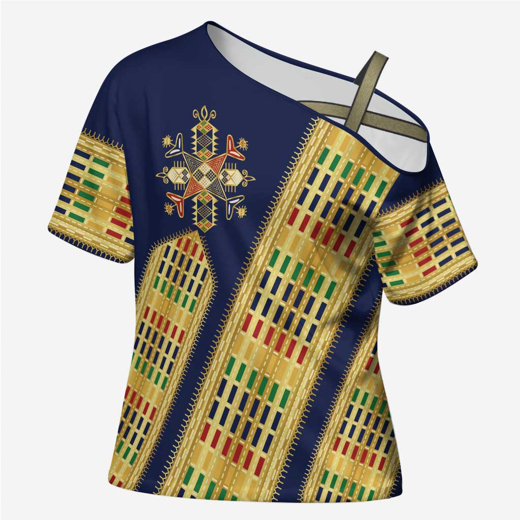 Habesha Kemis Inspired Tilet Pattern Cross Shoulder Shirt Royal Blue - Gold