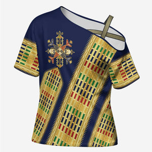 Habesha Kemis Inspired Tilet Pattern Cross Shoulder Shirt Royal Blue - Gold
