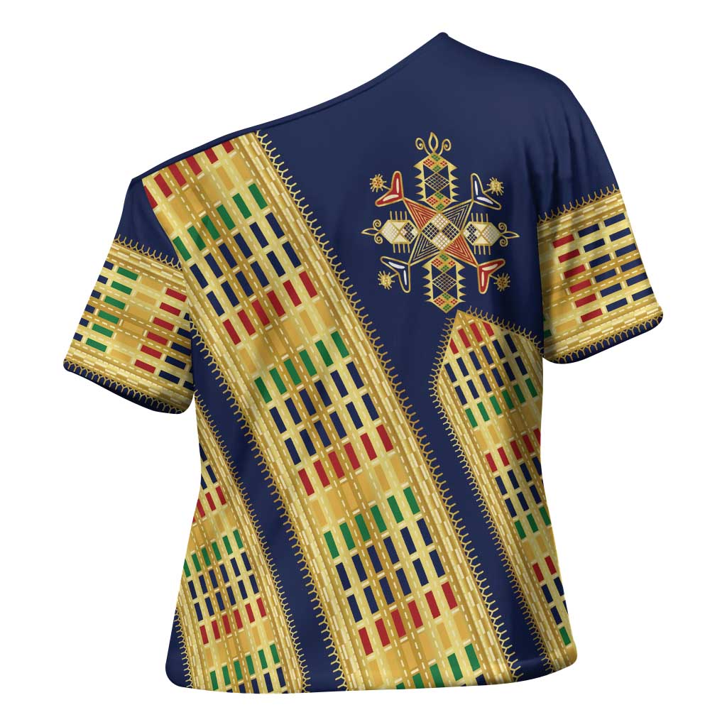 Habesha Kemis Inspired Tilet Pattern Cross Shoulder Shirt Royal Blue - Gold