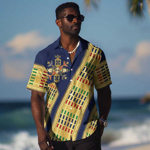 Habesha Kemis Inspired Tilet Pattern Hawaiian Shirt Royal Blue - Gold