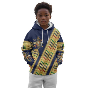 Habesha Kemis Inspired Tilet Pattern Kid Hoodie Royal Blue - Gold
