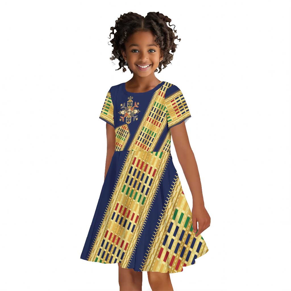 Habesha Kemis Inspired Tilet Pattern Kid Short Sleeve Dress Royal Blue - Gold