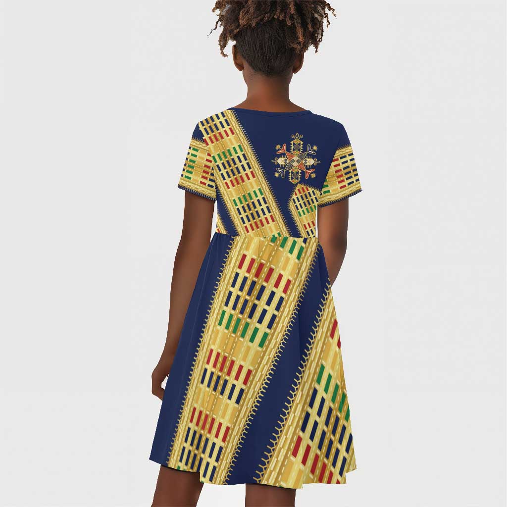 Habesha Kemis Inspired Tilet Pattern Kid Short Sleeve Dress Royal Blue - Gold