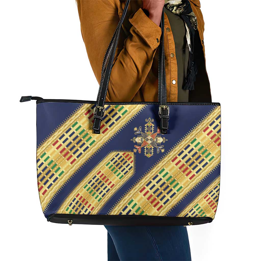 Habesha Kemis Inspired Tilet Pattern Leather Tote Bag Royal Blue - Gold