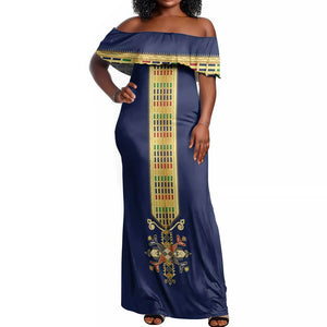 Habesha Kemis Inspired Tilet Pattern Off Shoulder Maxi Dress Royal Blue - Gold