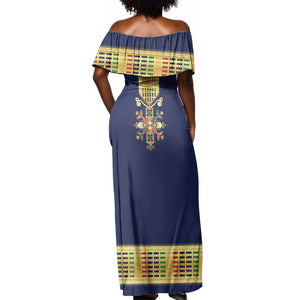 Habesha Kemis Inspired Tilet Pattern Off Shoulder Maxi Dress Royal Blue - Gold