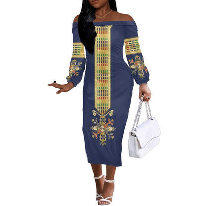 Habesha Kemis Inspired Tilet Pattern Off The Shoulder Long Sleeve Dress Royal Blue - Gold