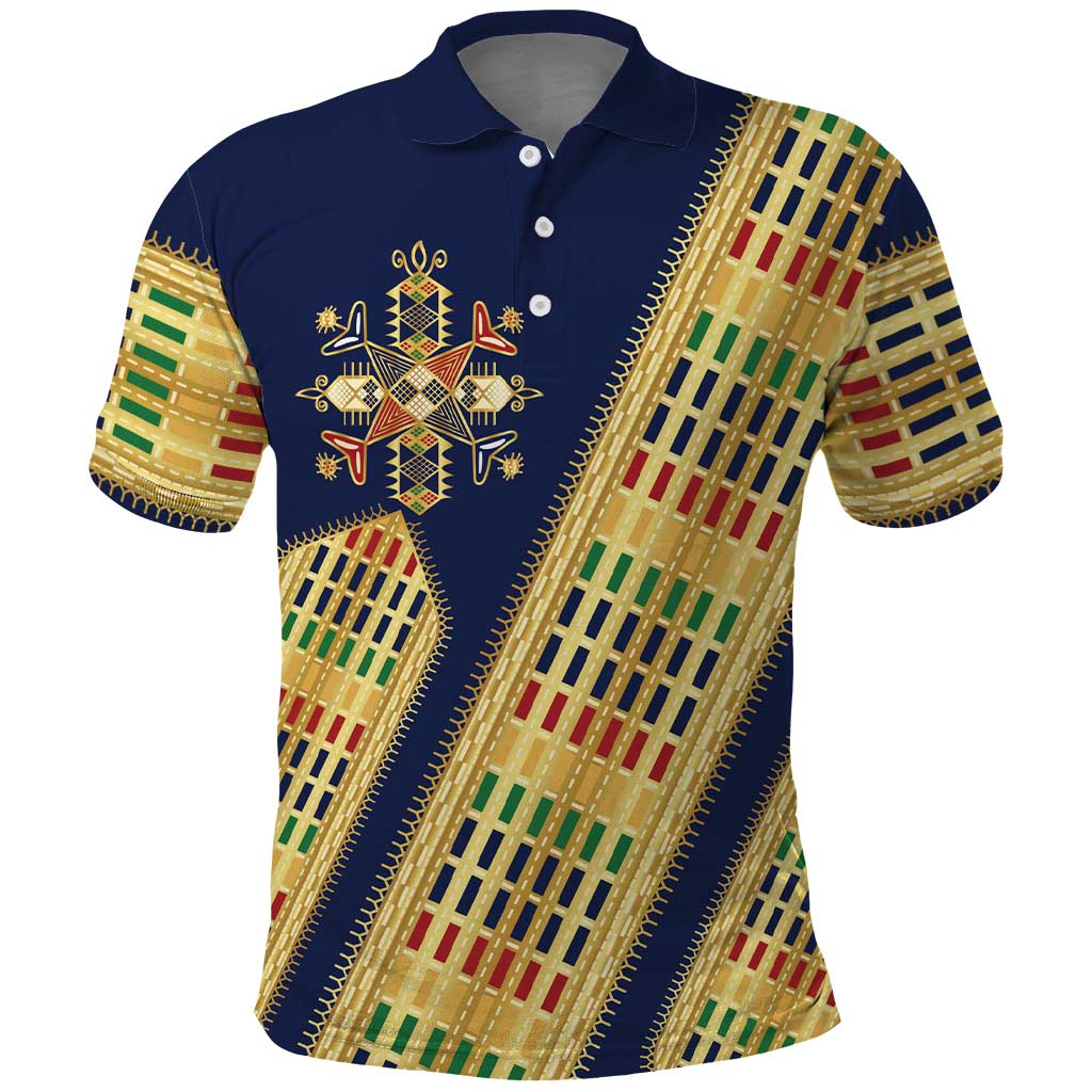 Habesha Kemis Inspired Tilet Pattern Polo Shirt Royal Blue - Gold