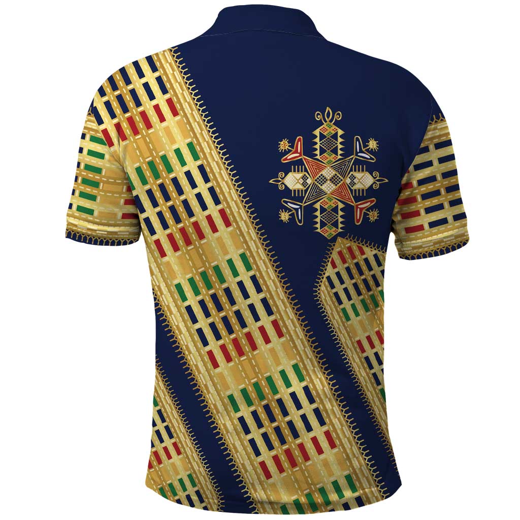 Habesha Kemis Inspired Tilet Pattern Polo Shirt Royal Blue - Gold