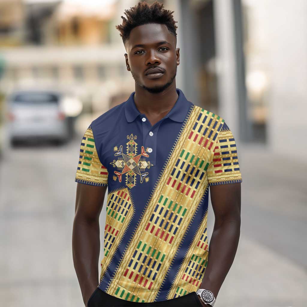 Habesha Kemis Inspired Tilet Pattern Polo Shirt Royal Blue - Gold