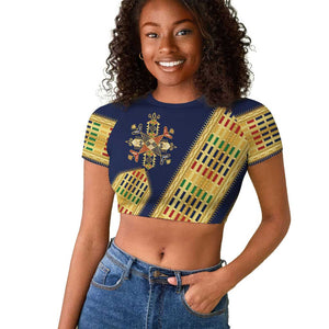 Habesha Kemis Inspired Tilet Pattern Raglan Cropped T shirt Royal Blue - Gold