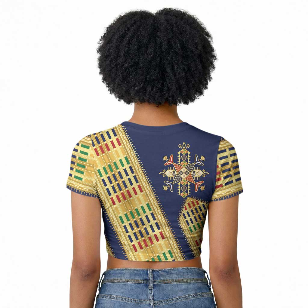 Habesha Kemis Inspired Tilet Pattern Raglan Cropped T shirt Royal Blue - Gold