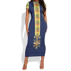 Habesha Kemis Inspired Tilet Pattern Short Sleeve Bodycon Dress Royal Blue - Gold