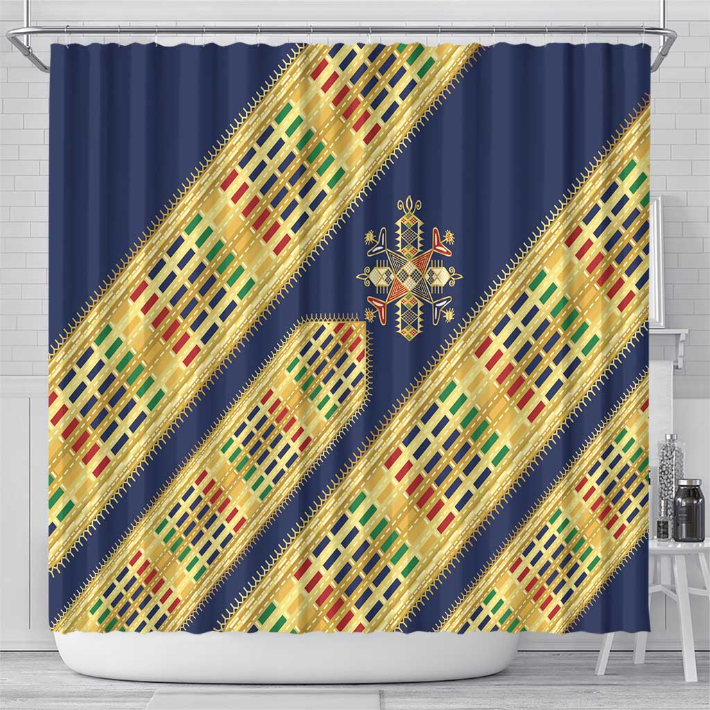 Habesha Kemis Inspired Tilet Pattern Shower Curtain Royal Blue - Gold