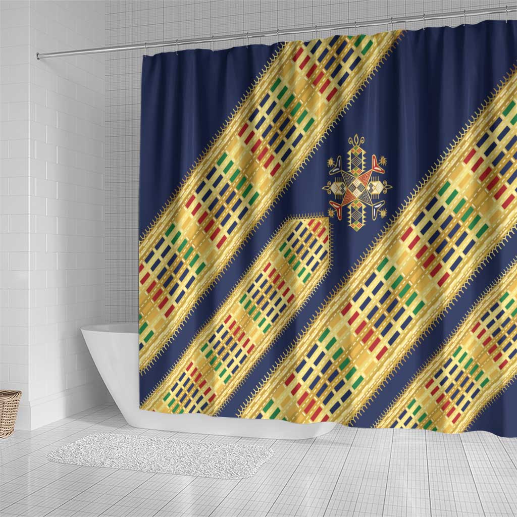Habesha Kemis Inspired Tilet Pattern Shower Curtain Royal Blue - Gold