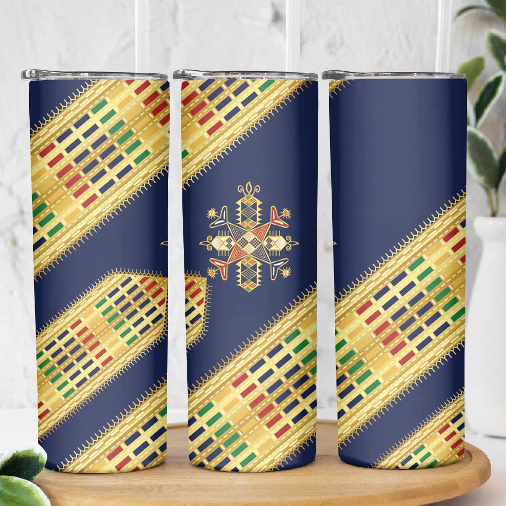 Habesha Kemis Inspired Tilet Pattern Skinny Tumbler Royal Blue - Gold