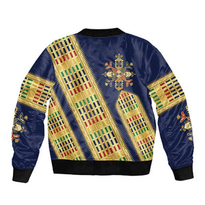 Habesha Kemis Inspired Tilet Pattern Sleeve Zip Bomber Jacket Royal Blue - Gold