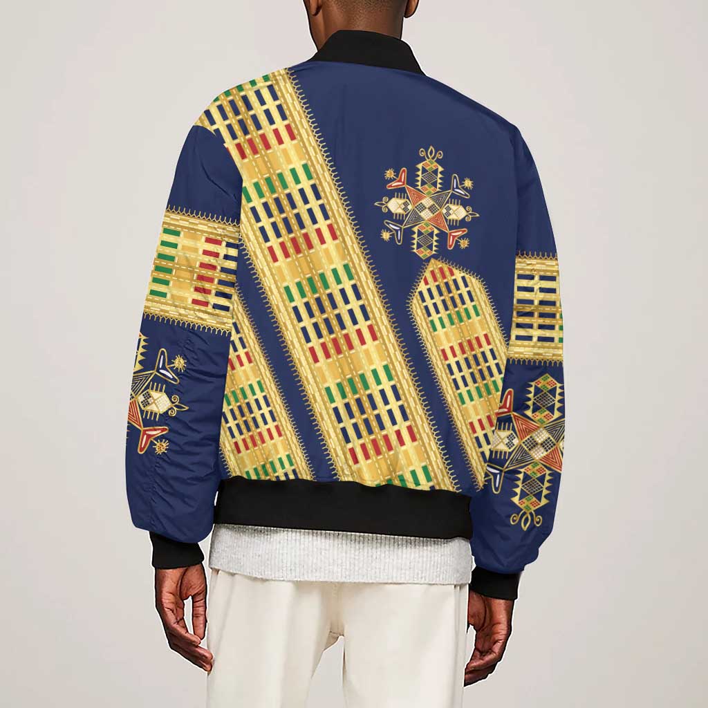 Habesha Kemis Inspired Tilet Pattern Sleeve Zip Bomber Jacket Royal Blue - Gold