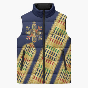 Habesha Kemis Inspired Tilet Pattern Sleeveless Puffer Jacket Royal Blue - Gold