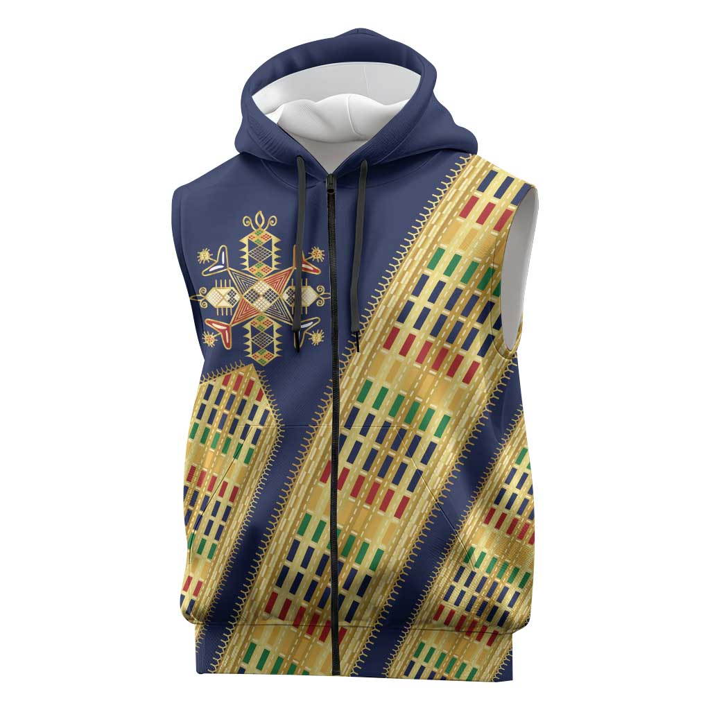 Habesha Kemis Inspired Tilet Pattern Sleeveless Zip Hoodie Royal Blue - Gold