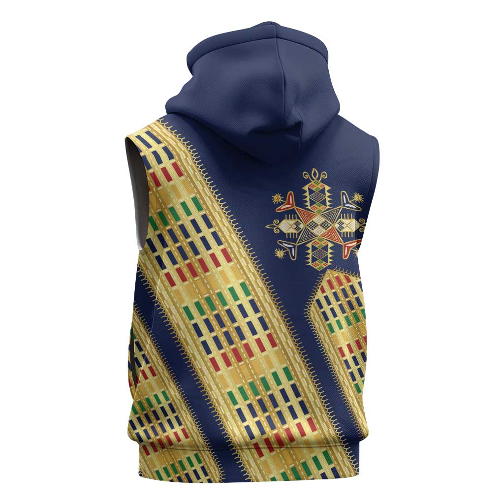 Habesha Kemis Inspired Tilet Pattern Sleeveless Zip Hoodie Royal Blue - Gold
